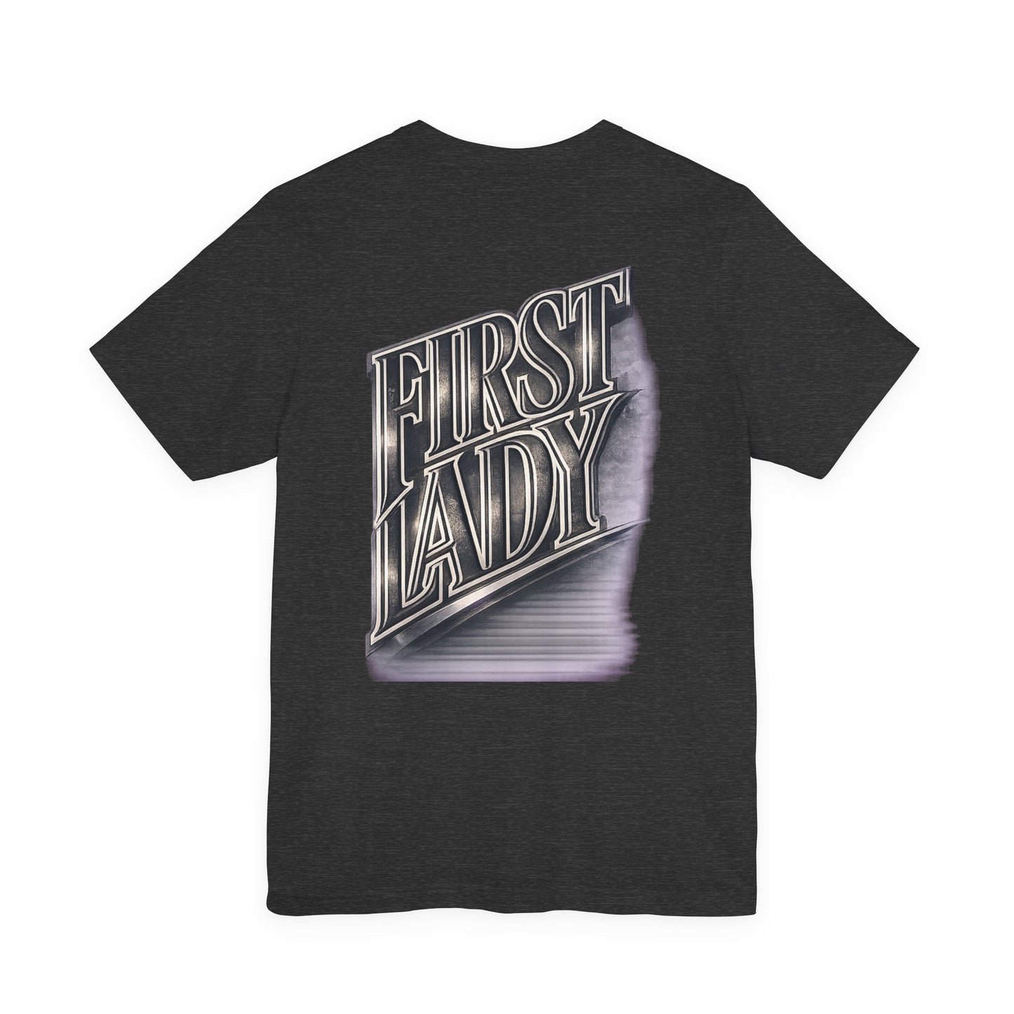 First Lady Graphic Tee — Retro Metallic Script Short Sleeve Shirt