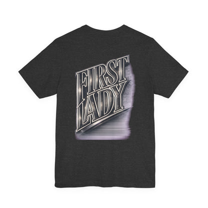 First Lady Graphic Tee — Retro Metallic Script Short Sleeve Shirt