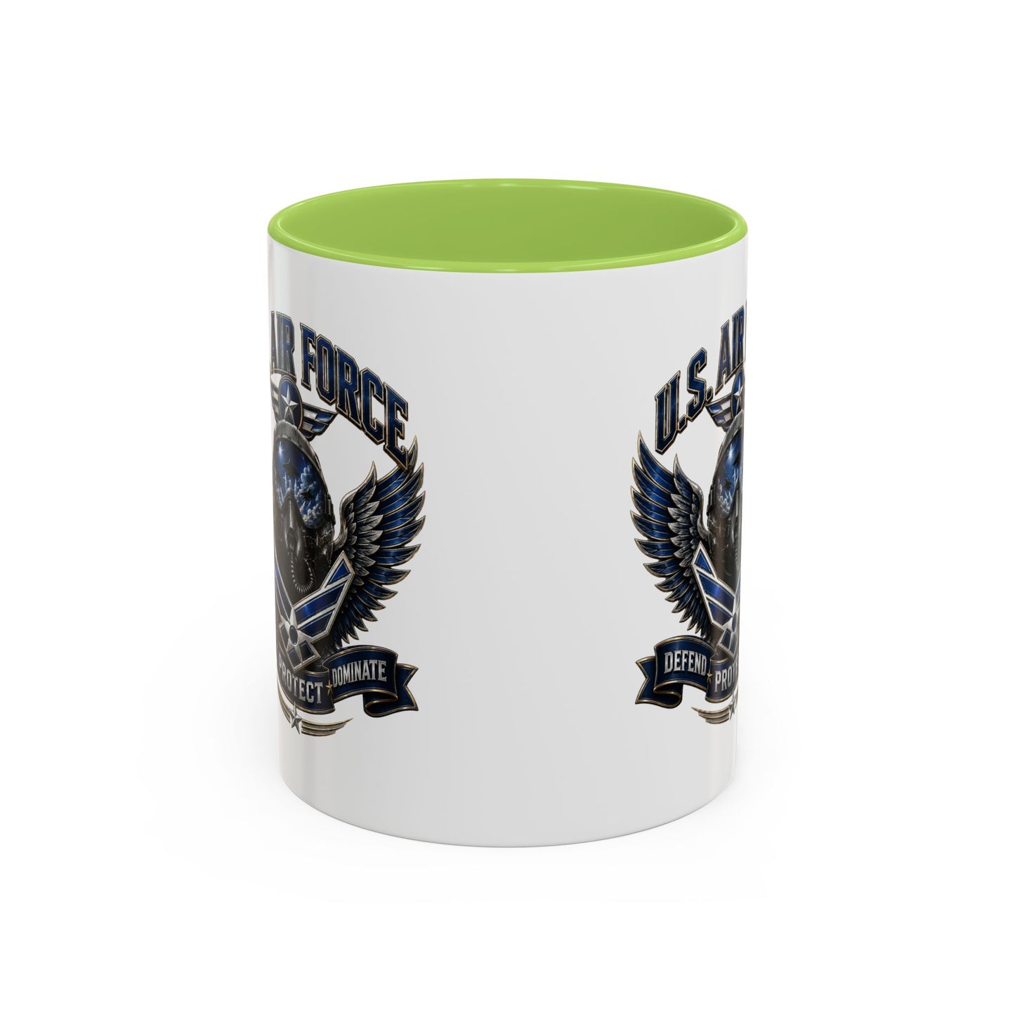 U.S. Air Force Emblem Accent Coffee Mug — Defend Protect Dominate (11/15oz)