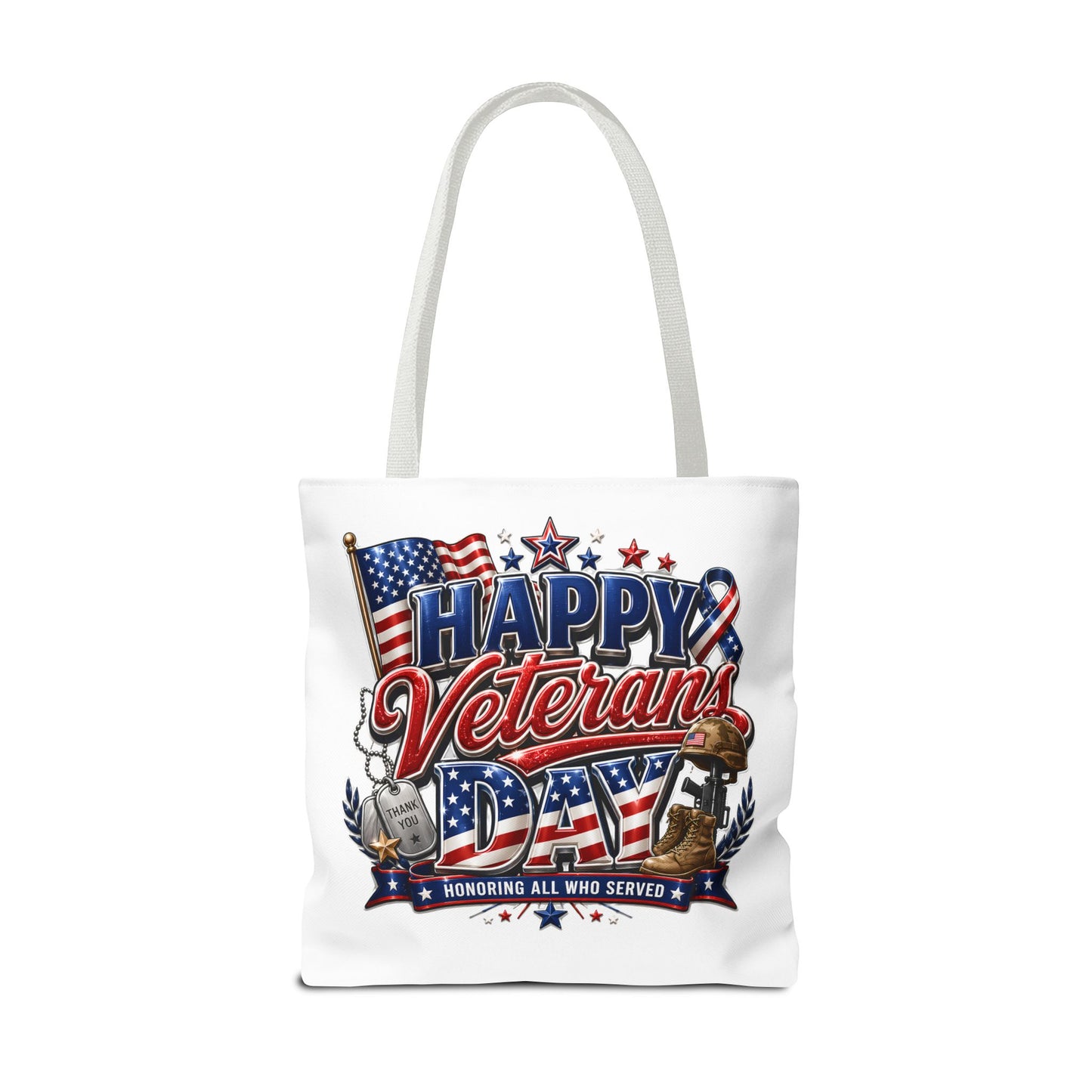 Veterans Day Tote Bag — "Happy Veterans Day" Patriotic All-Over Print