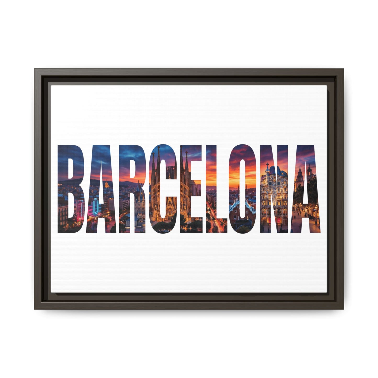 Barcelona Photo-Text Matte Canvas Print — Framed Cityscape Wall Art