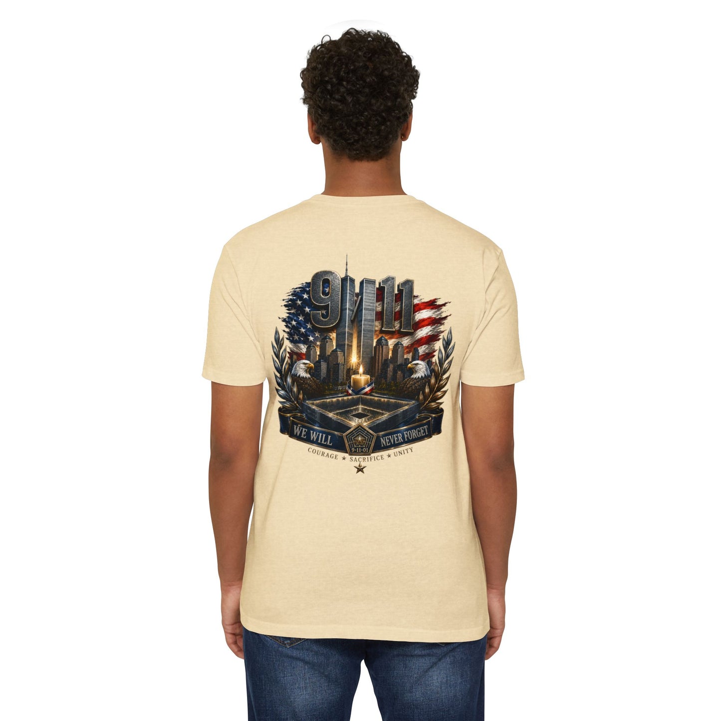 9/11 Never Forget Memorial T-Shirt — Tribute American Flag Skyline Tee