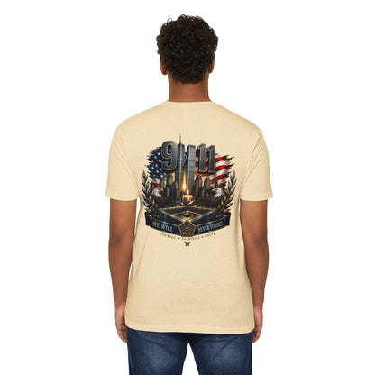 9/11 Never Forget Memorial T-Shirt — Tribute American Flag Skyline Tee