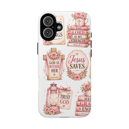Christian Phone Case — Jesus Saves Floral Tough Case with 'God Is Within Her' & 'Trust God' Design