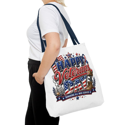 Veterans Day Tote Bag — "Happy Veterans Day" Patriotic All-Over Print