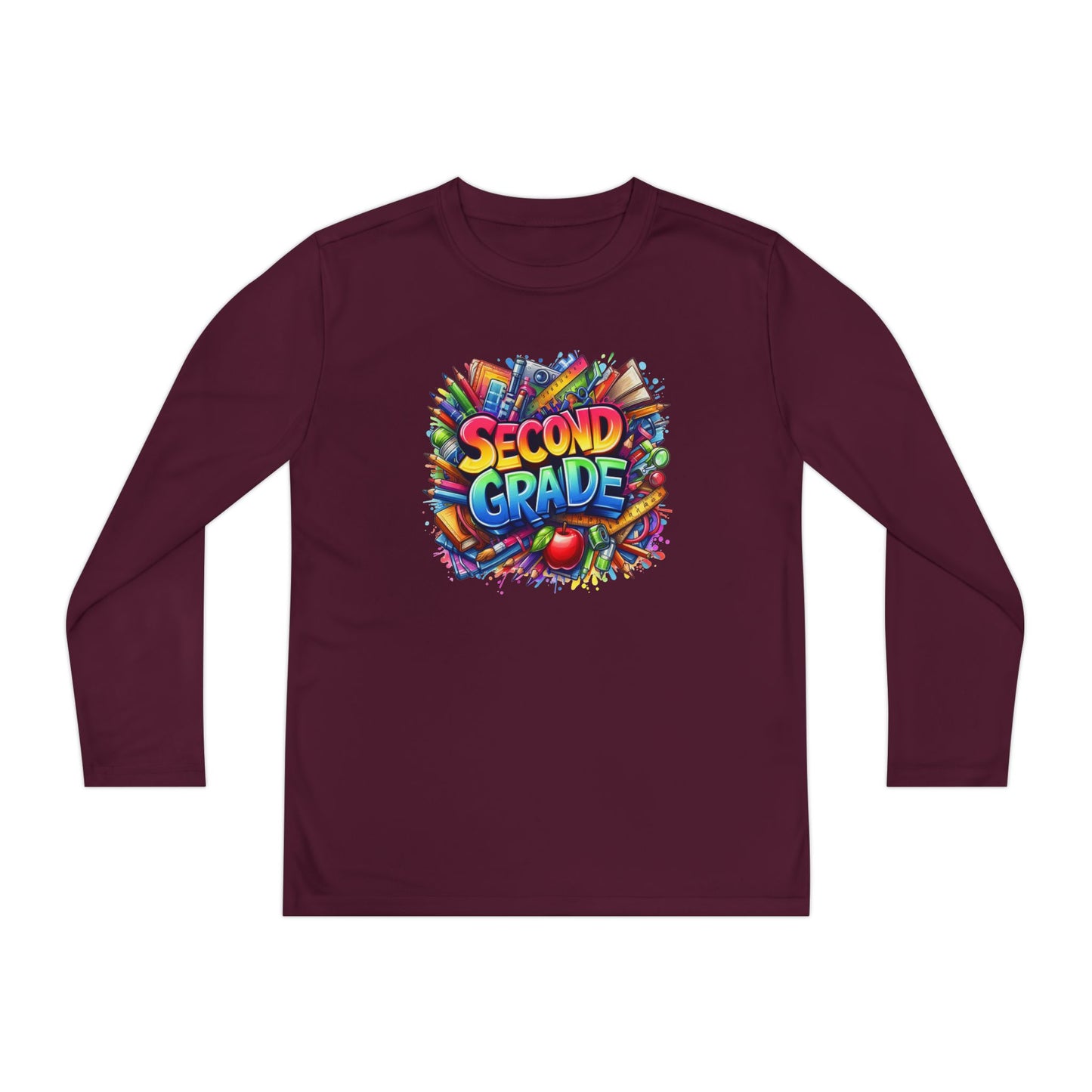Second Grade Youth Long Sleeve Tee — Colorful School Supplies Back-to-School Shirt