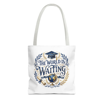 Graduation Tote Bag – "The World Is Waiting" Cap & Globe Design