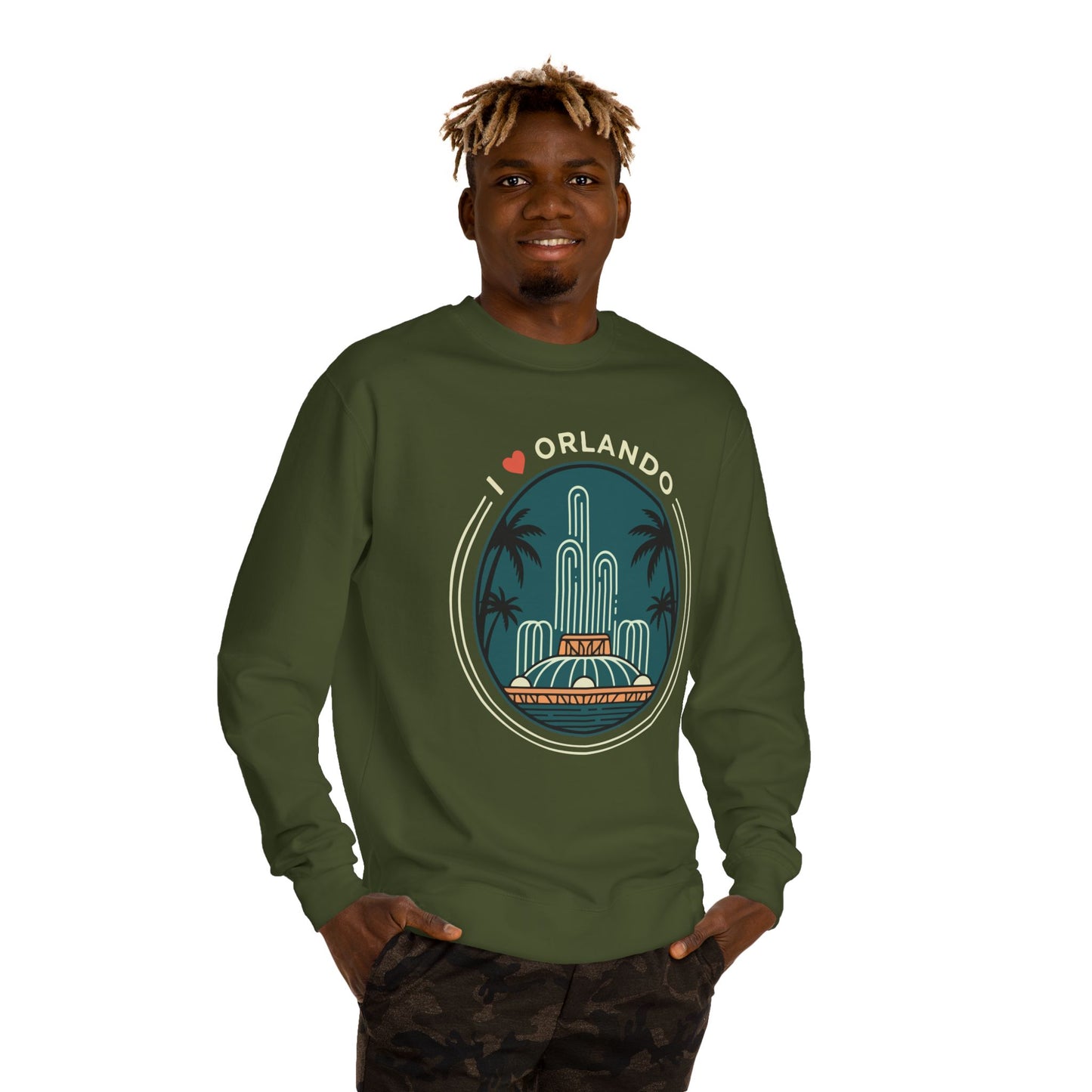 Orlando Fountain Crewneck Sweatshirt — Retro Palm Tree Cityscape