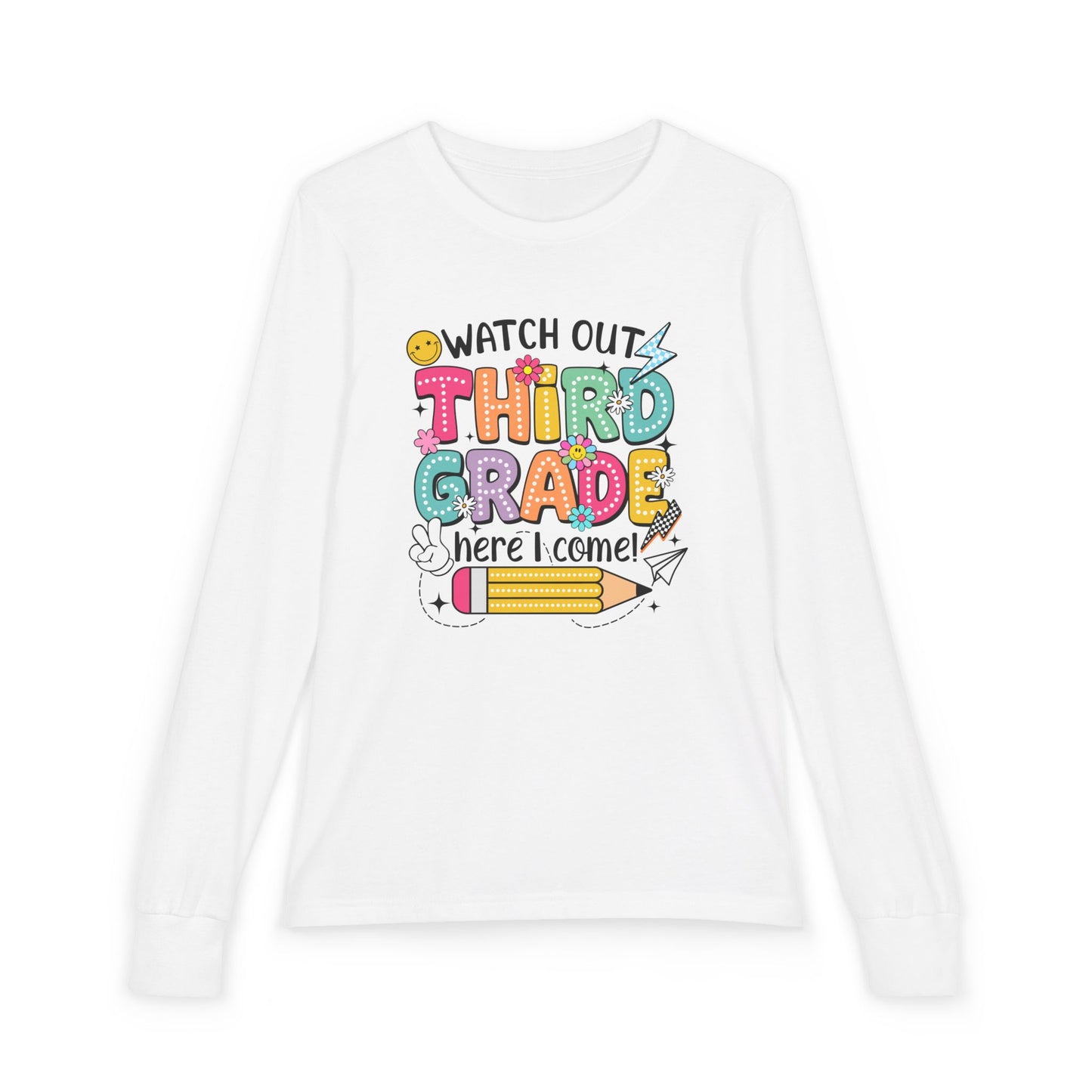Youth Long Sleeve Tee "Watch Out Third Grade Here I Come" Back-to-School Shirt