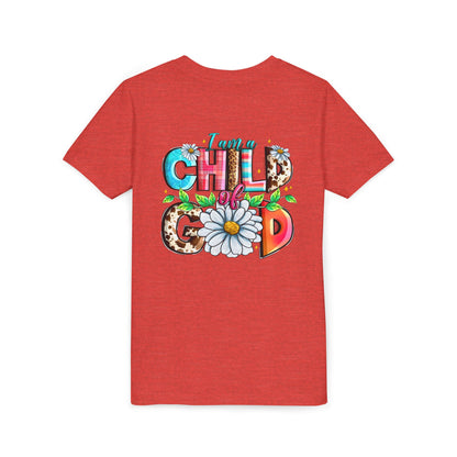 Youth Tee — "I Am a Child of God" Floral Christian Graphic