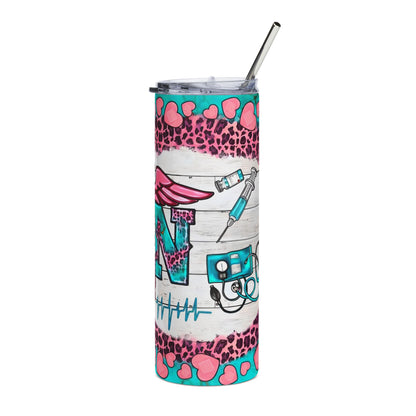 RN Caduceus Leopard Print 20oz Stainless Tumbler — Teal & Pink Nurse Gift