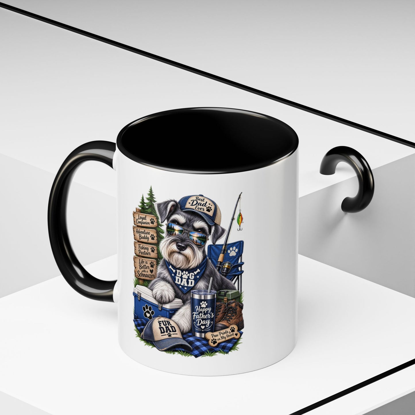 Schnauzer Dad Accent Coffee Mug – "Dog Dad" Camping Paw Print Design (11/15oz)