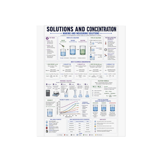 Solutions and Concentration Chemistry Poster — Educational Fine Art Poster for Classroom, Lab & Student Study