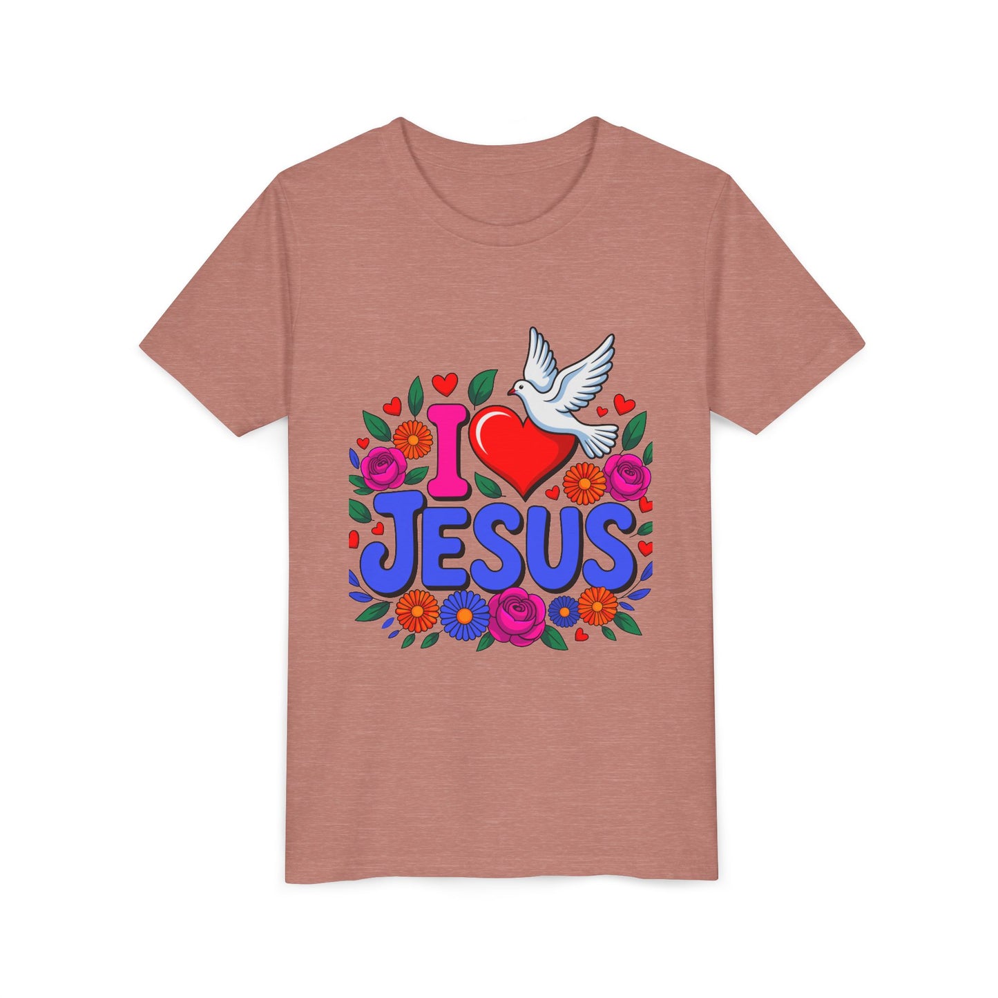Youth Tee — "I  Jesus" Colorful Dove & Floral Christian Shirt
