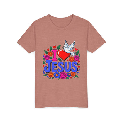 Youth Tee — "I  Jesus" Colorful Dove & Floral Christian Shirt