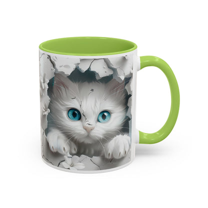 Cute Blue-Eyed Kitten Accent Coffee Mug – Floral Peekaboo Cat Design (11/15 oz)