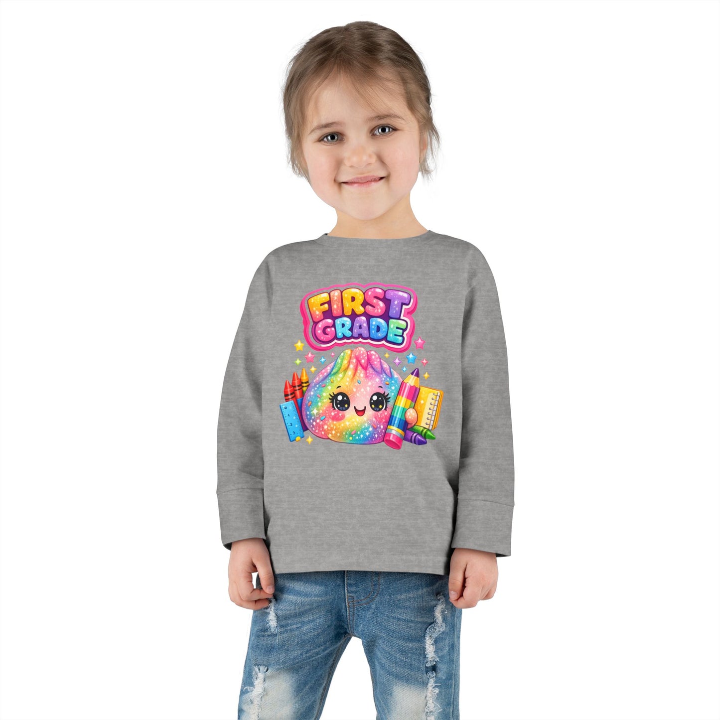 First Grade Toddler Long Sleeve Tee — Colorful Back-to-School Rainbow Crayon Design