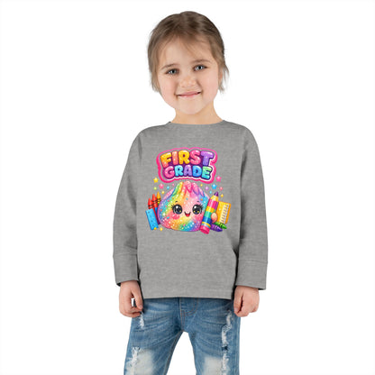 First Grade Toddler Long Sleeve Tee — Colorful Back-to-School Rainbow Crayon Design