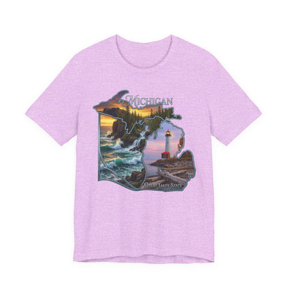 Michigan Scenic Map T-Shirt — Great Lakes Lighthouse Sunset Tee