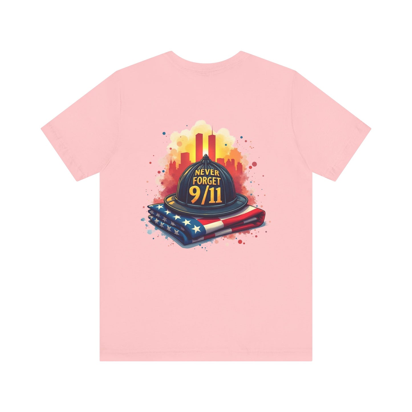 Never Forget 9/11 Memorial T-Shirt — Firefighter Helmet & Flag Tribute Tee