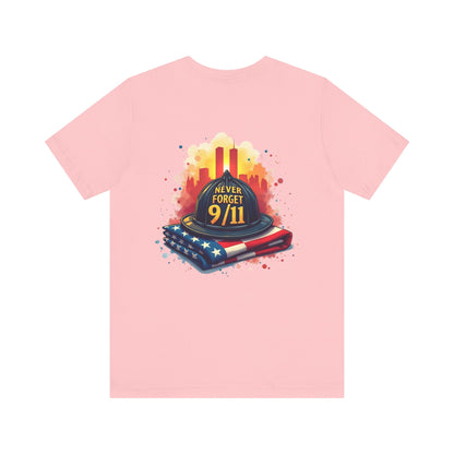 Never Forget 9/11 Memorial T-Shirt — Firefighter Helmet & Flag Tribute Tee