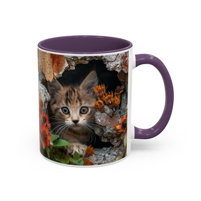 Cute Kitten Peek Accent Coffee Mug — Tabby Cat Floral 11/15oz