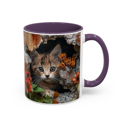 Cute Kitten Peek Accent Coffee Mug — Tabby Cat Floral 11/15oz