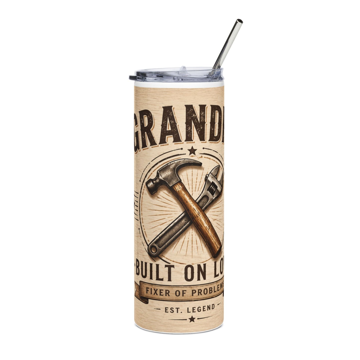 Grandpa Tumbler 20oz – 'Built on Love' Hammer & Wrench Rustic Stainless Steel Travel Cup