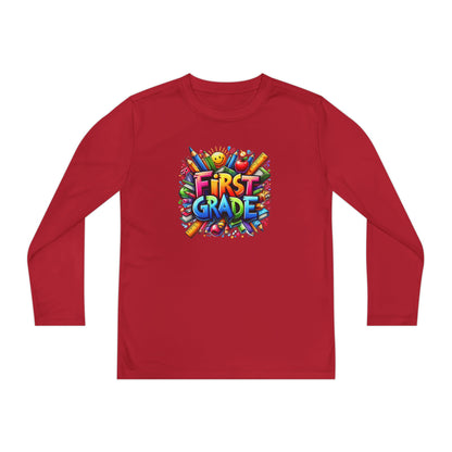 First Grade Youth Long Sleeve Tee — Colorful Back-to-School Shirt