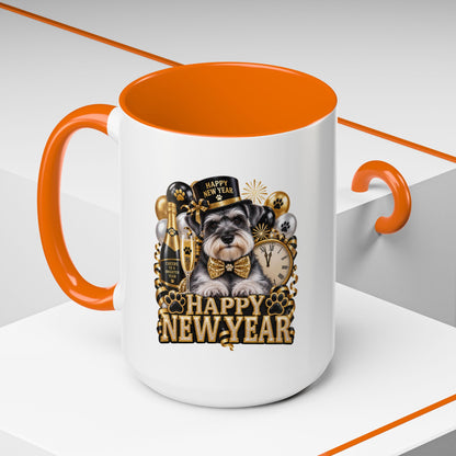 Happy New Year Dog Coffee Mug — Festive Black & Gold 11/15oz Accent Mug