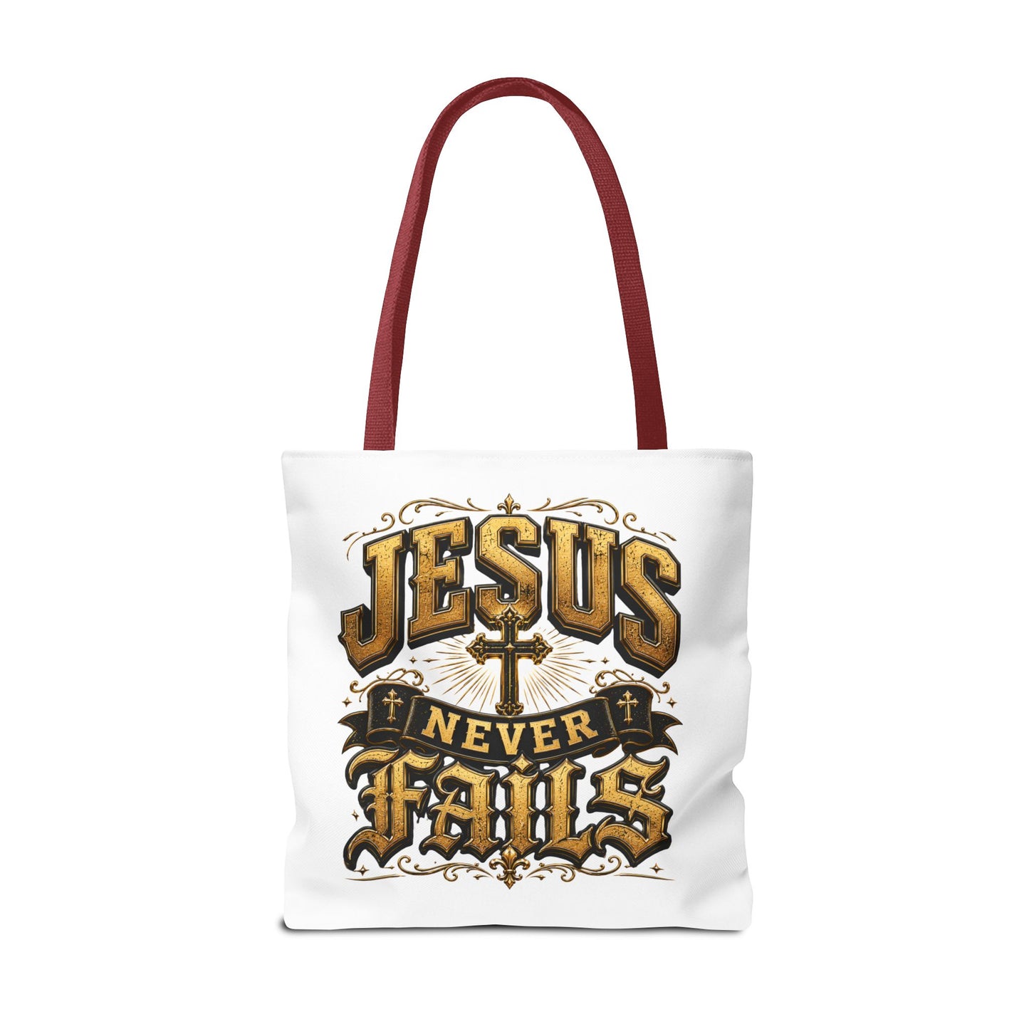 Jesus Never Fails Tote Bag — Christian Faith AOP Canvas Tote