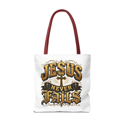 Jesus Never Fails Tote Bag — Christian Faith AOP Canvas Tote