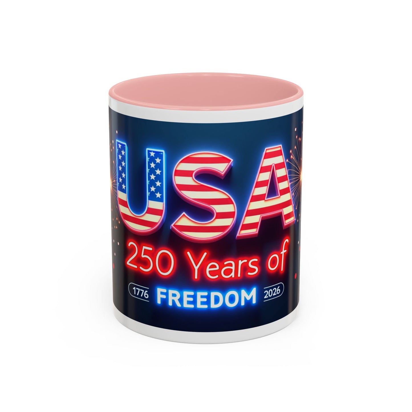 USA 250 Years of Freedom Accent Coffee Mug — Patriotic 1776–2026 Fireworks Design (11/15oz)