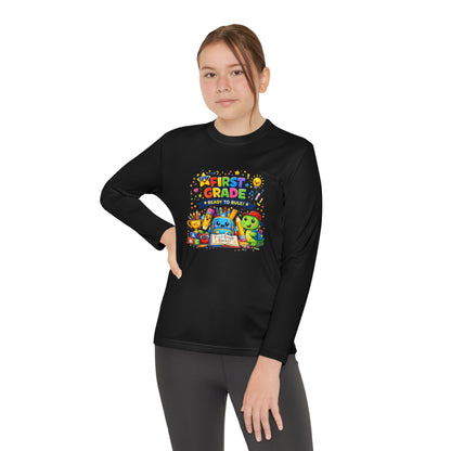 First Grade Ready Youth Long Sleeve Tee — "First Grade Here I Come" Back-to-School Shirt