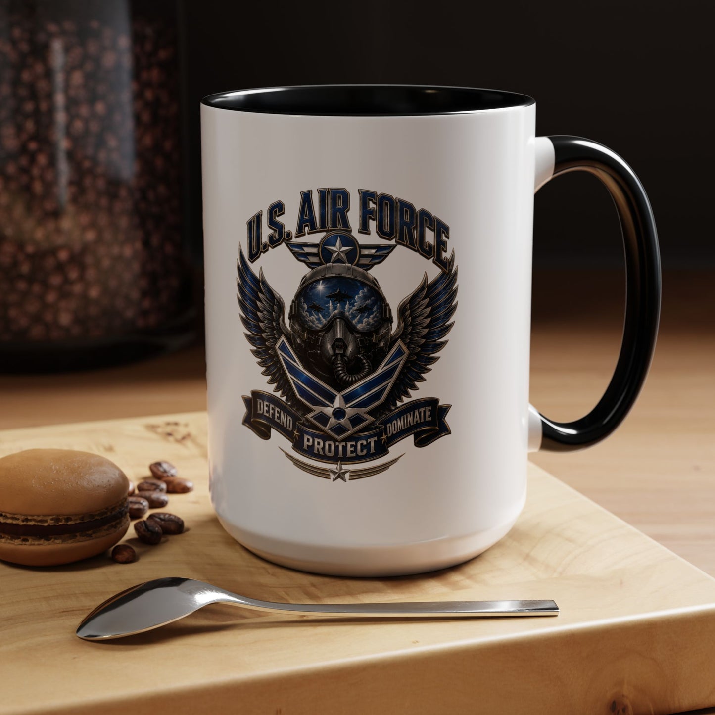 U.S. Air Force Emblem Accent Coffee Mug — Defend Protect Dominate (11/15oz)