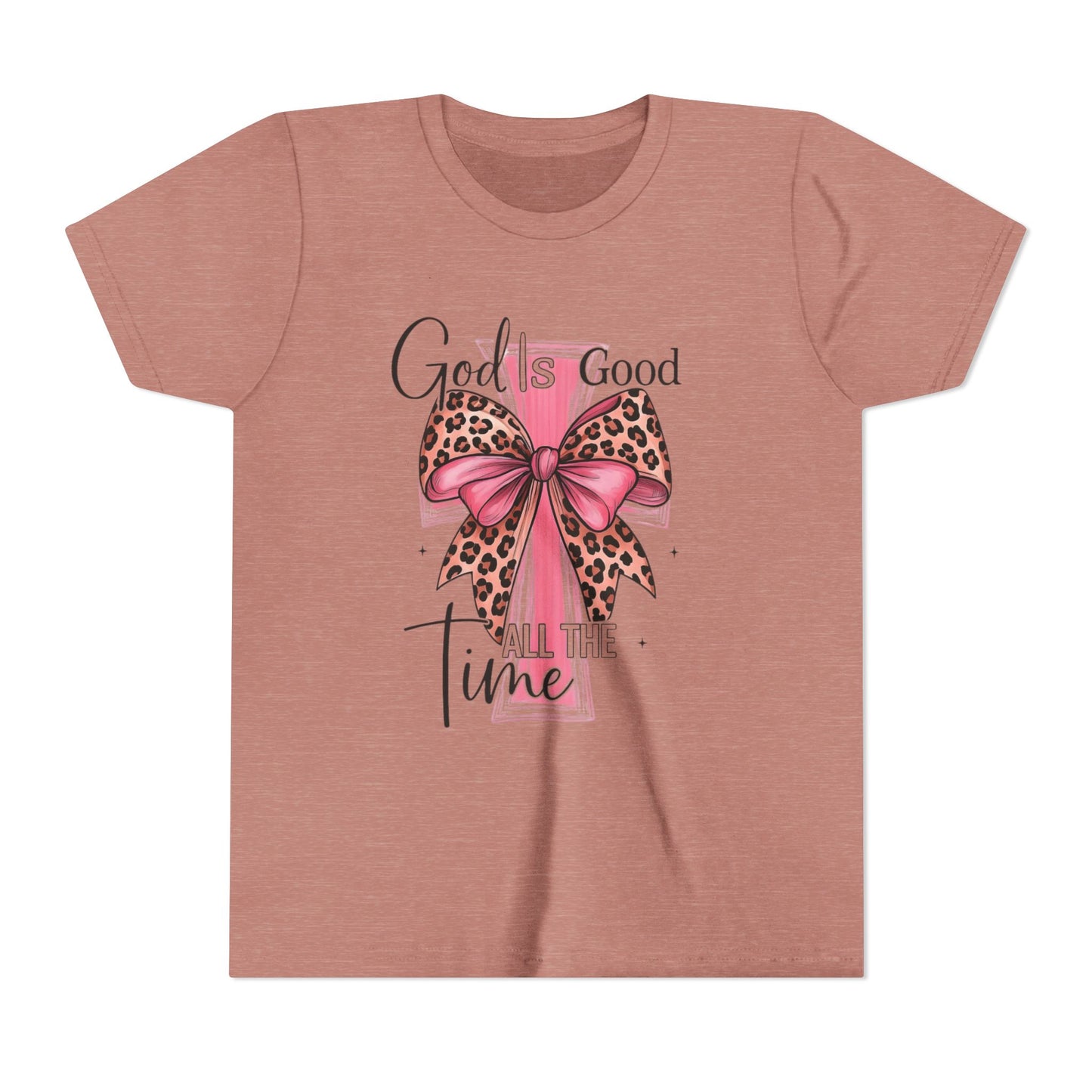 Youth Tee — "God is Good All the Time" Pink Cross with Leopard Bow