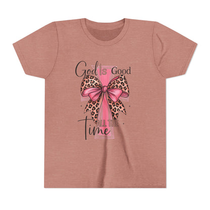 Youth Tee — "God is Good All the Time" Pink Cross with Leopard Bow