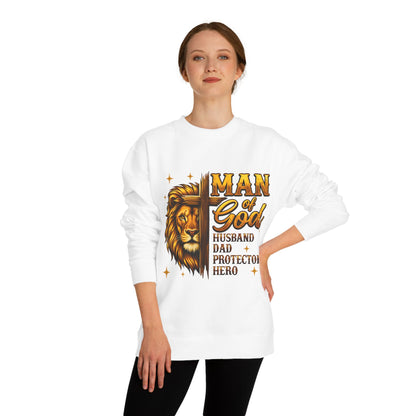 Man of God Sweatshirt — Lion Graphic, "Husband Dad Protector Hero" Faith Pullover