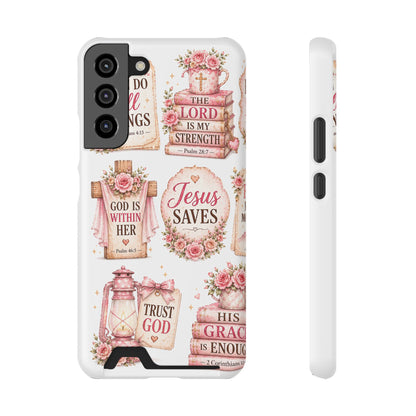 Christian Floral Phone Case with Card Holder — 'Jesus Saves' Inspirational Design