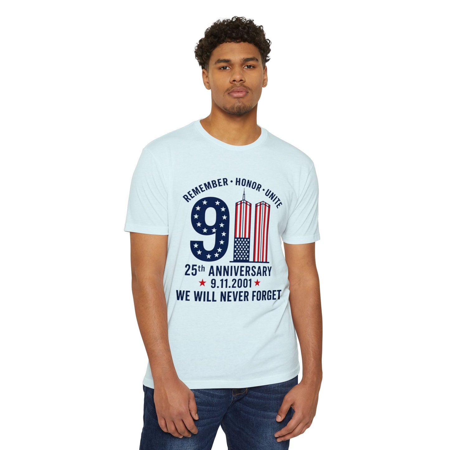 9/11 Memorial T-Shirt – "Remember Honor Unite" 25th Anniversary We Will Never Forget