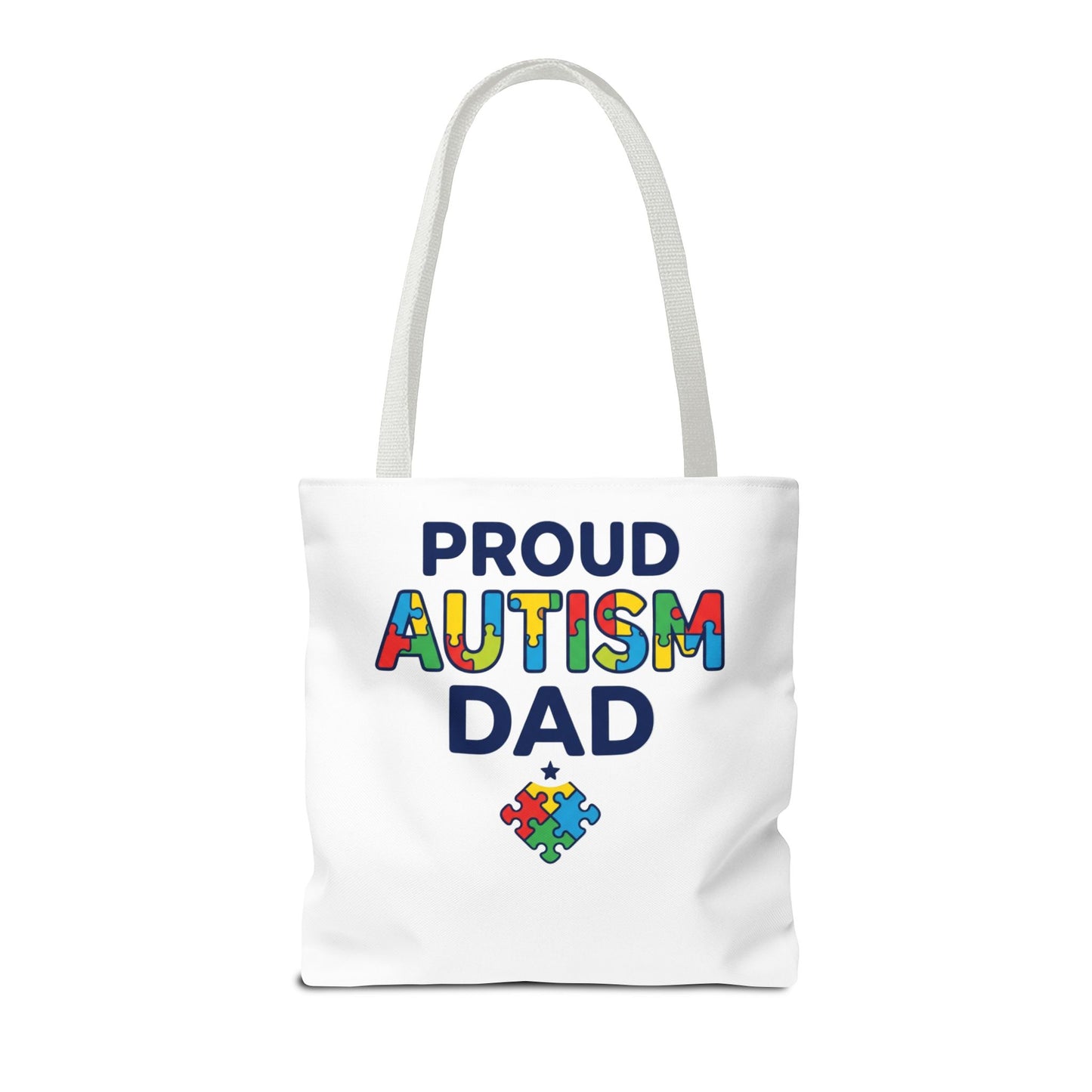 Proud Autism Dad Tote Bag — Colorful Puzzle-Heart Support Gift