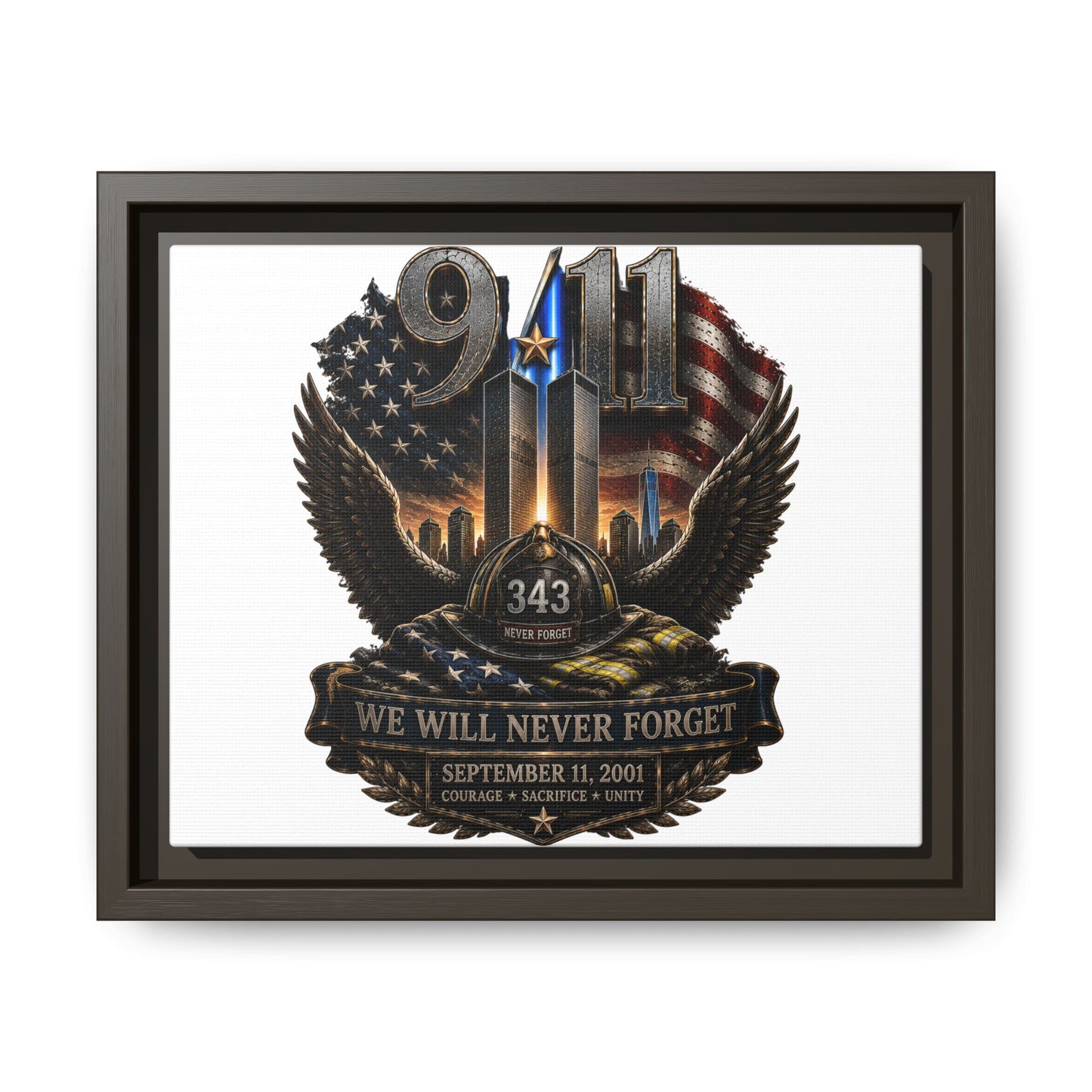 9/11 Memorial Matte Canvas Print — "We Will Never Forget" Framed Tribute