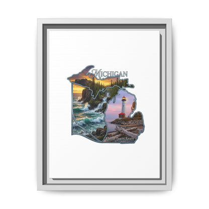 Michigan Framed Canvas Wall Art — Great Lakes State Lighthouse & Shoreline Print