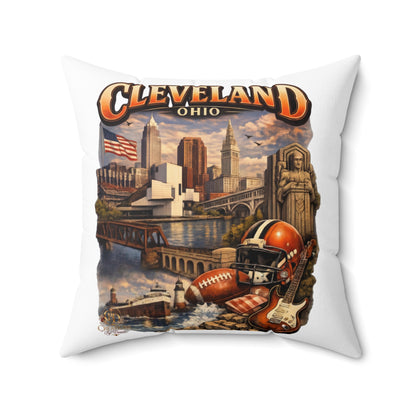 Cleveland Vintage Skyline Throw Pillow – Ohio Cityscape with Football & Rock Icons