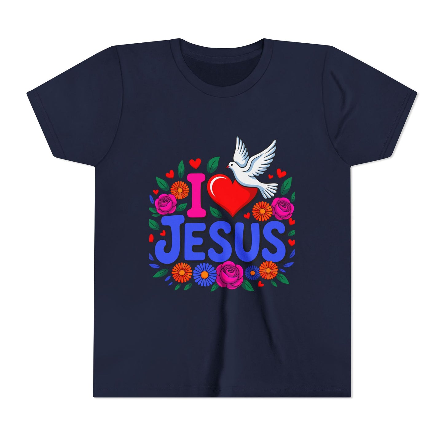 Youth Tee — "I  Jesus" Colorful Dove & Floral Christian Shirt