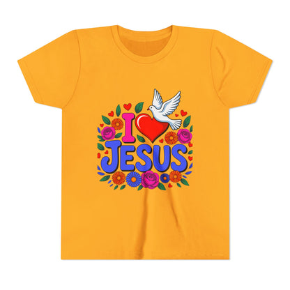 Youth Tee — "I  Jesus" Colorful Dove & Floral Christian Shirt