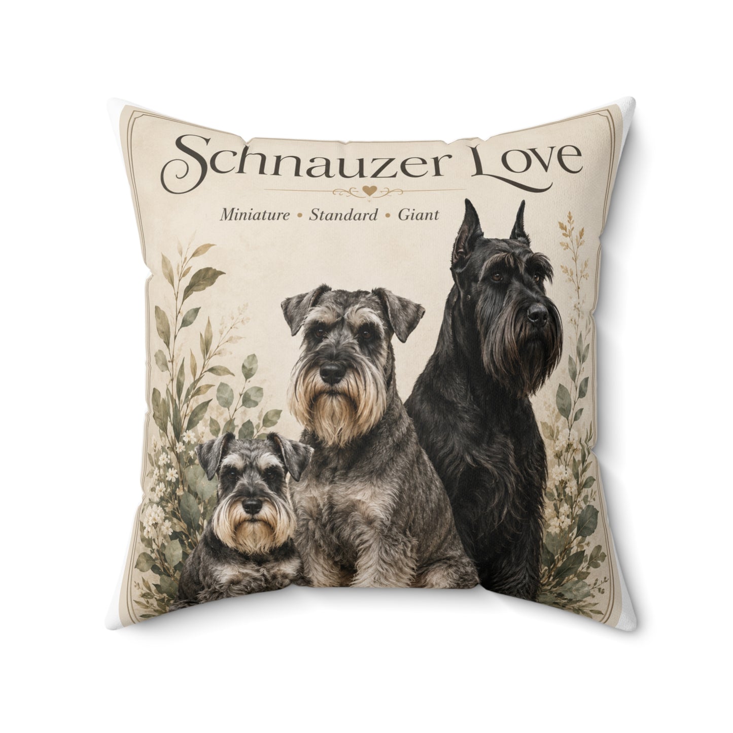 Schnauzer Love Throw Pillow — Decorative Dog Breed Cushion (Miniature, Standard, Giant)