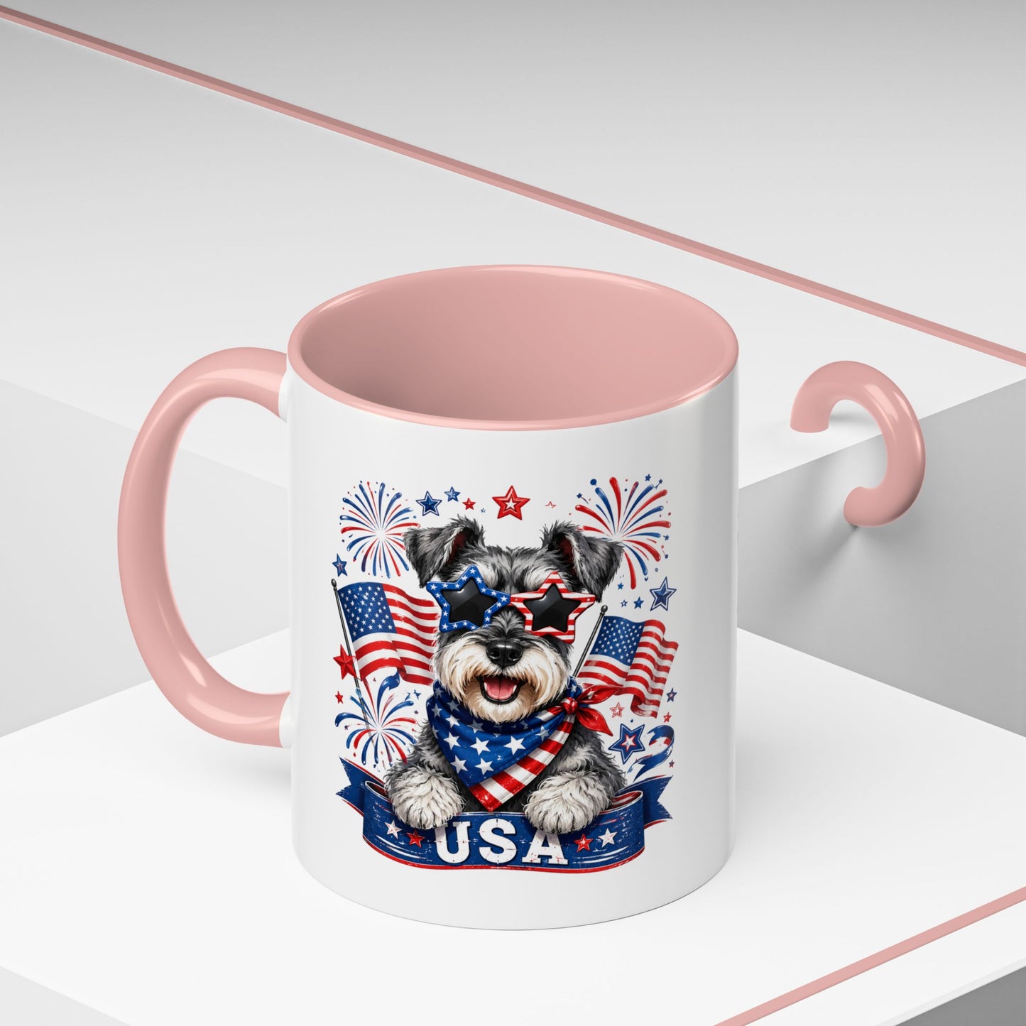 Patriotic Schnauzer Coffee Mug – USA Flag, Fireworks Accent Mug (11/15oz)