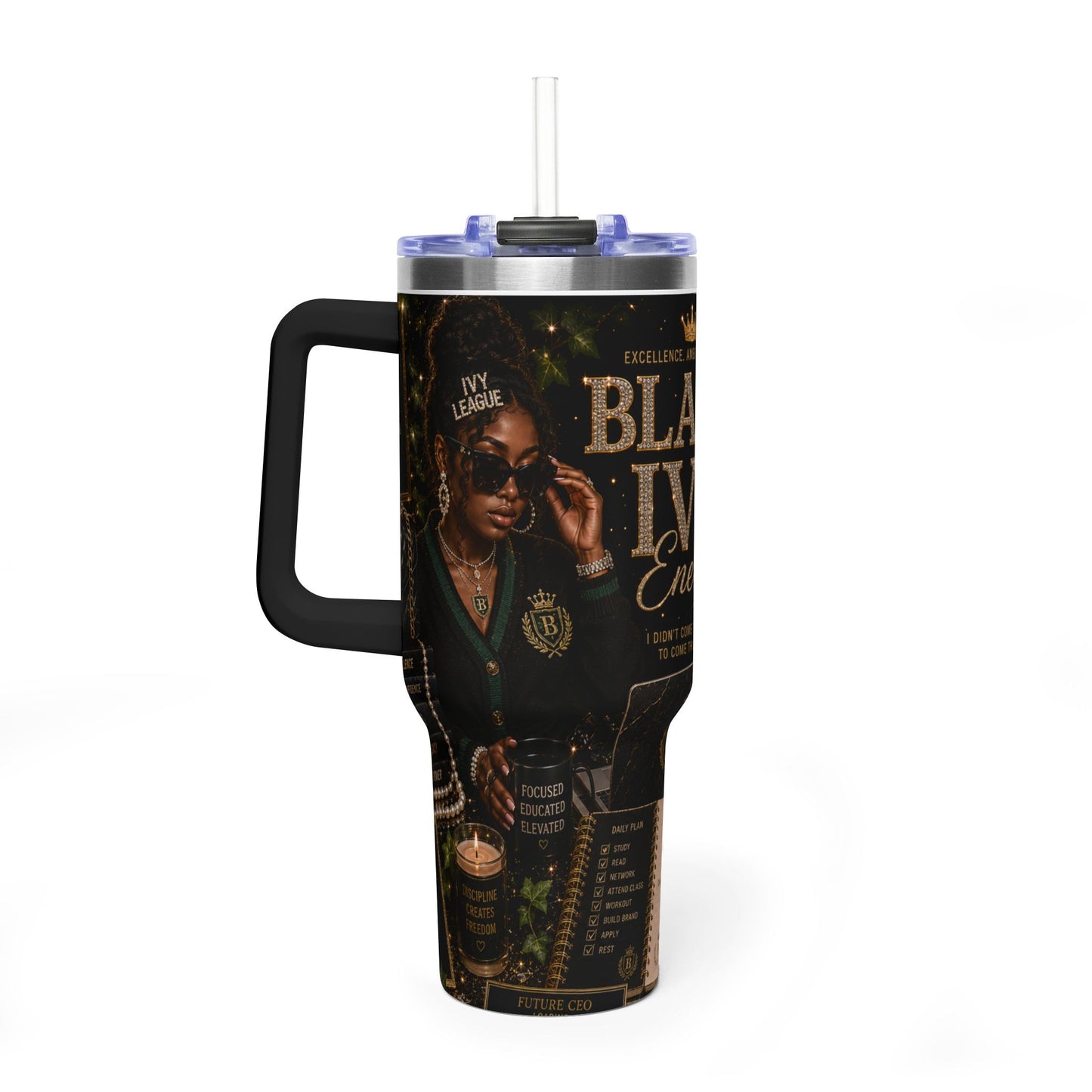 Black Ivy Energy 40oz Vacuum Tumbler — Insulated Travel Mug with Handle (Black Ivy Design)