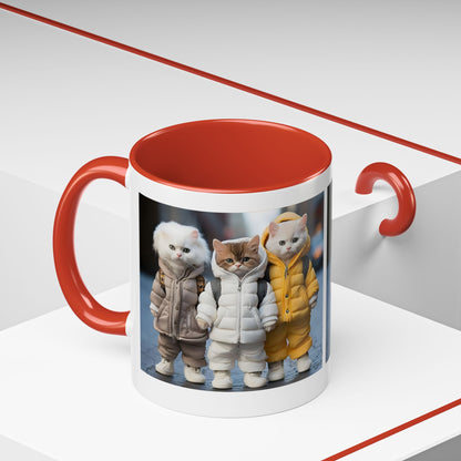Cat Crew Accent Coffee Mug — Cute Kittens in Puffer Jackets (11/15oz)
